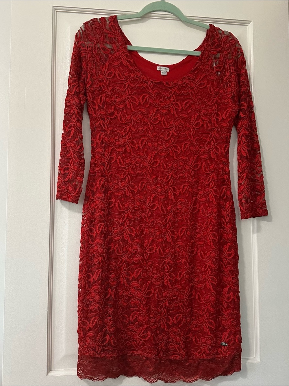 Guess Red Lace Long-Sleeve Scoop-Neck Dress L